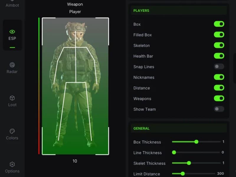 Call of Duty Black Ops 7 cheat gameplay screenshot 1 — ESP overlay showing players and loot