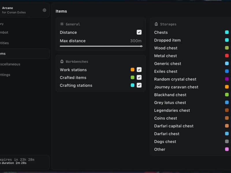 Conan Exiles cheat gameplay screenshot 1 — ESP overlay showing players and loot