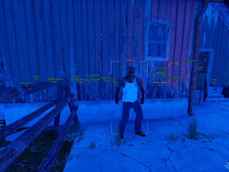 Rust cheat gameplay screenshot 1 — ESP overlay showing players and loot