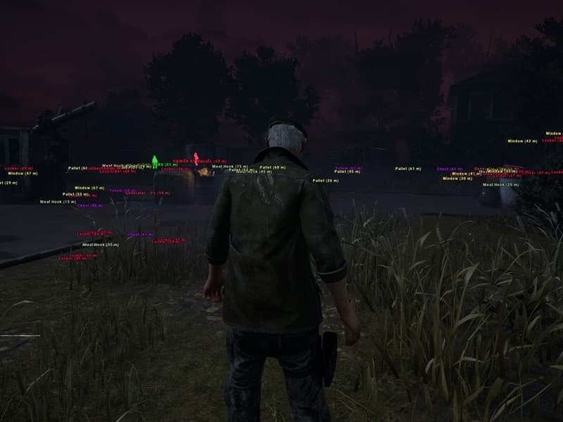 Dead By Daylight cheat gameplay screenshot 1 — ESP overlay showing players and loot