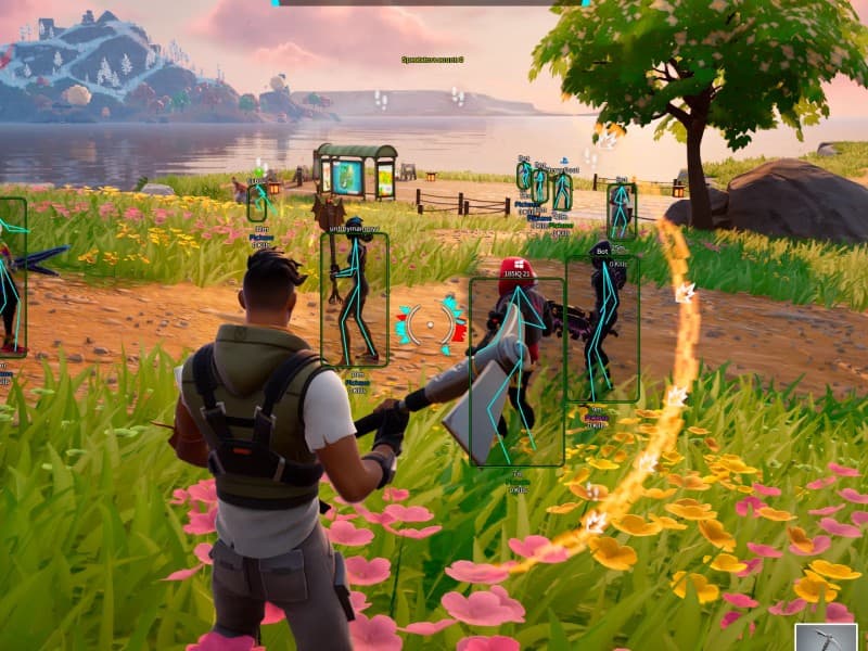 Fortnite cheat gameplay screenshot 1 — ESP overlay showing players and loot