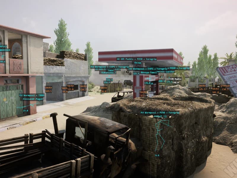 SQUAD cheat gameplay screenshot 1 — ESP overlay showing players and loot